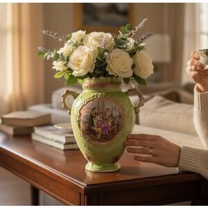 VTG Strasburg Ware Porcelain Vase Figural handles Hand Painted Scene 12.5 In